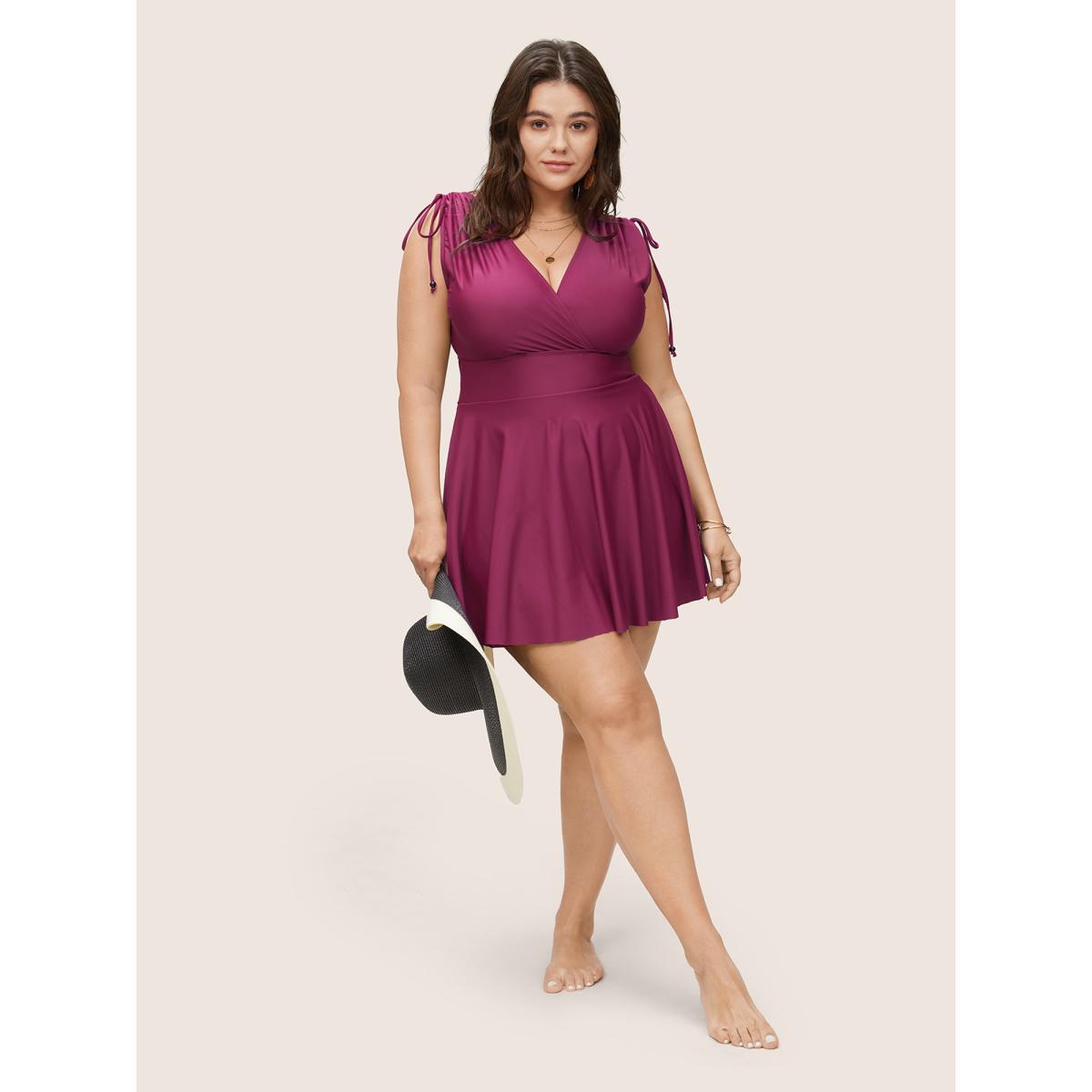 Plus Size Solid Drawstring Adjustable Straps Back Swim Dress Women's Swimwear Burgundy Beach Bodycon V-neck High stretch Curve Swim Dresses BloomChic 14-16/1X Product Image
