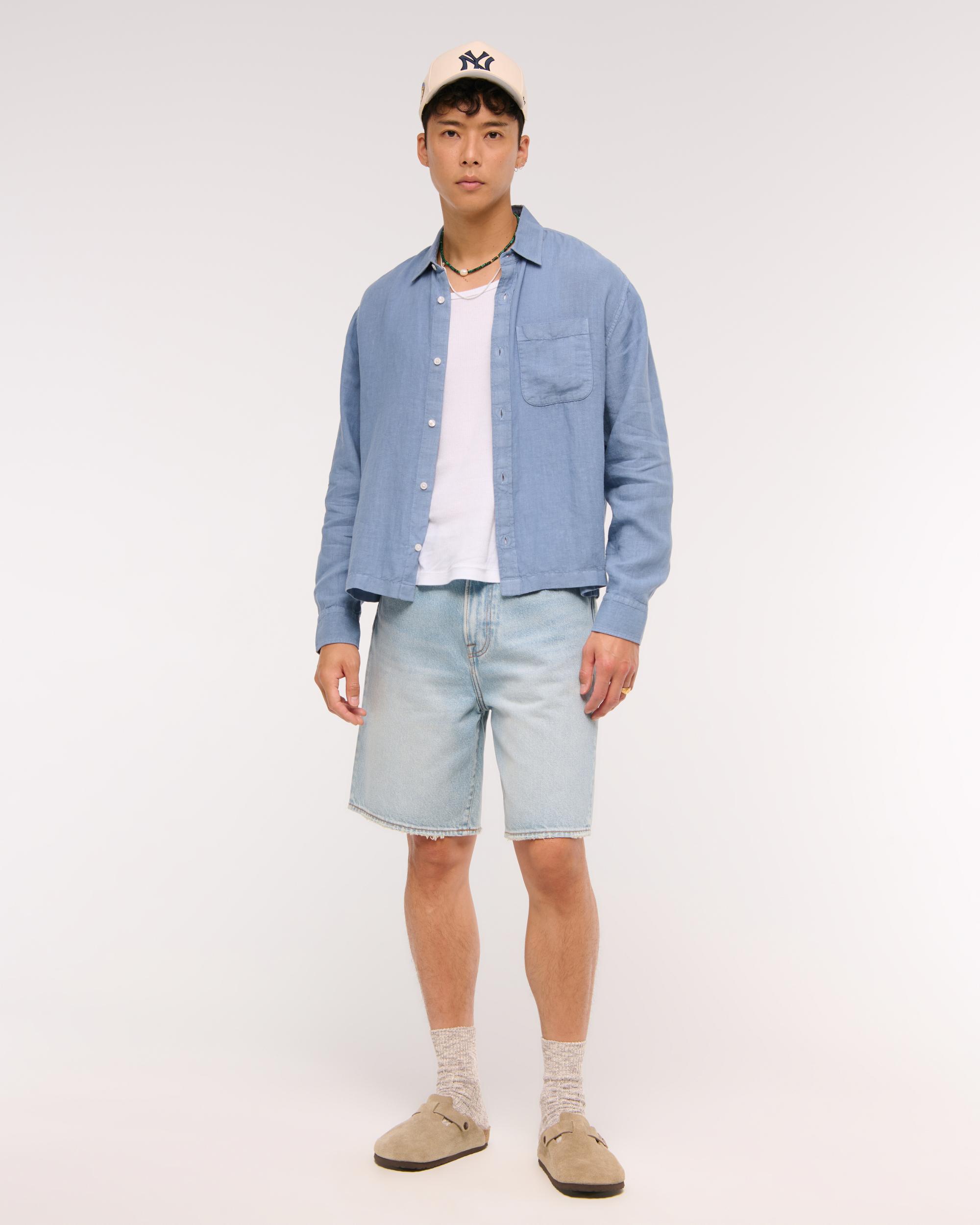 Cropped Linen Button-Up Shirt Product Image