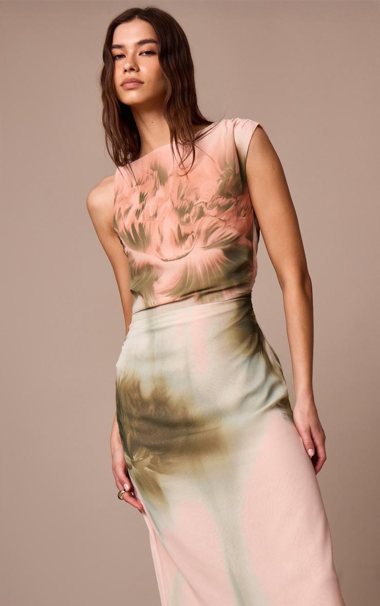 Dusty Pink Printed Floral Chiffon Ruched Sleeveless Maxi Dress Product Image