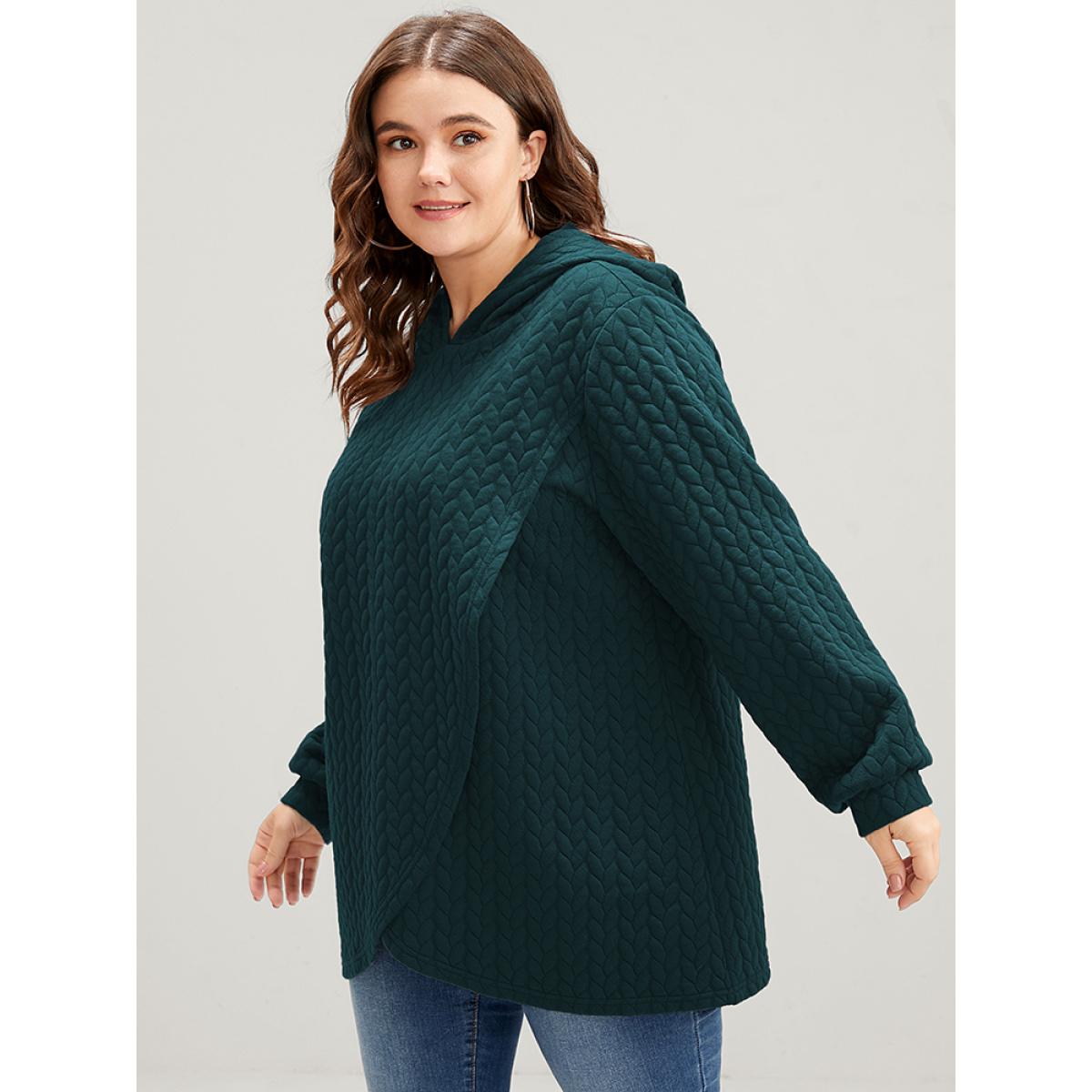 Plus Size Solid Asymmetrical Hem Cable Knit Hooded Sweatshirt Women DarkGreen Lounge Asymmetrical Hooded Everyday Sweatshirts BloomChic 22-24/3X Product Image