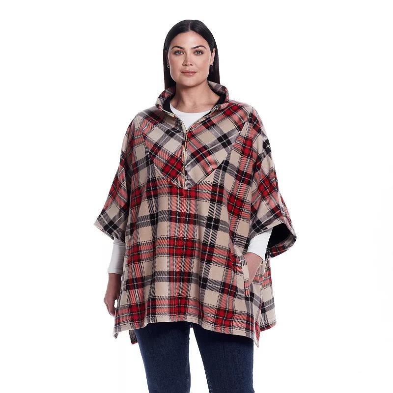 Womens Weathercast Zip Fleece Poncho, Navy Ivory Plaid Product Image