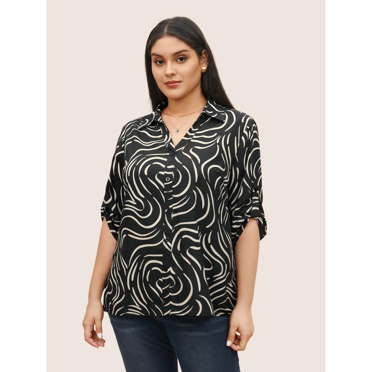 Plus Size BlackFlower Shirt Collar Stripes Button Cuff Sleeve Blouse Women At the Office Elbow-length sleeve Shirt collar Work Blouses BloomChic 14-16/1X Product Image