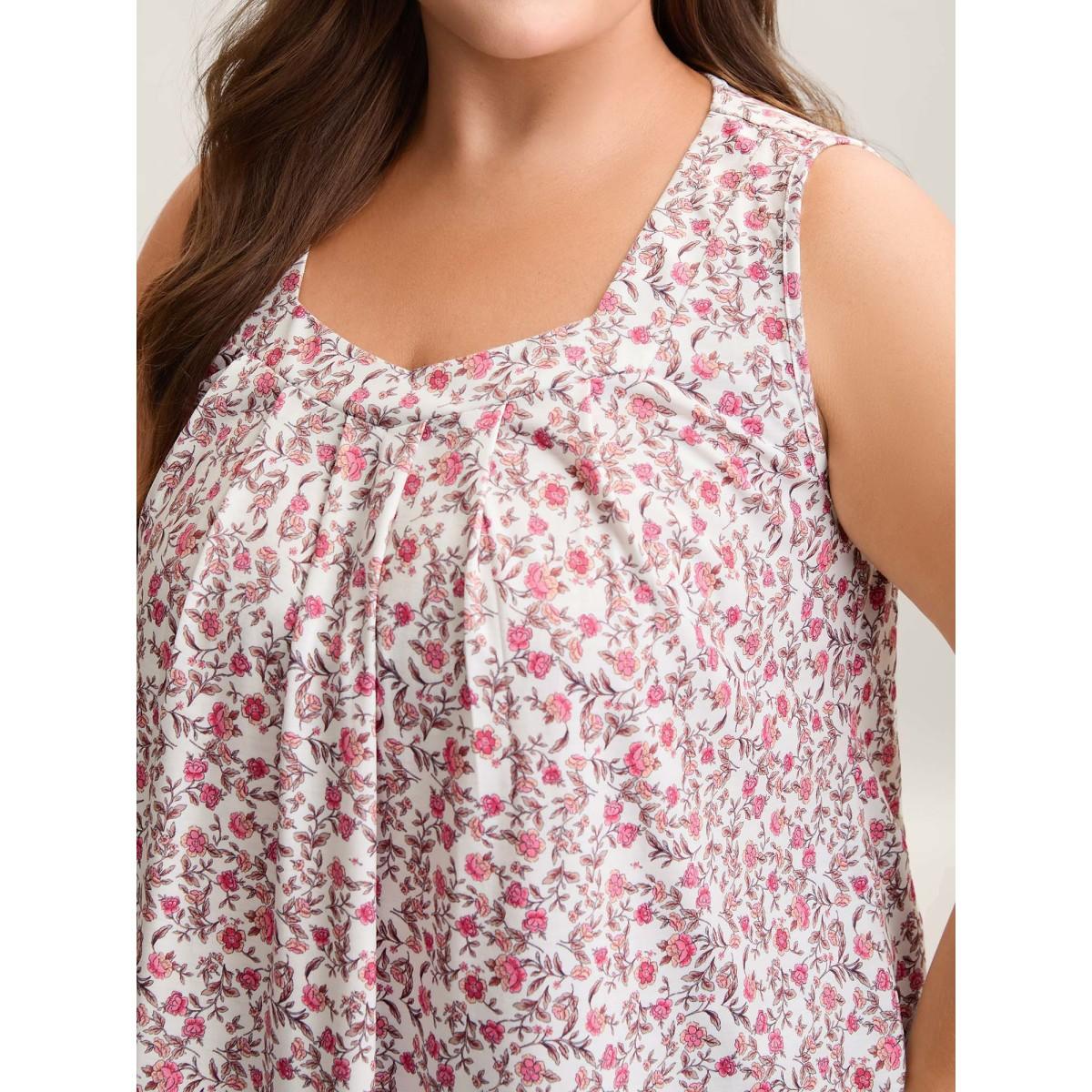 Plus Size Floral Print Pleated Front Sleeveless Tank Women Multicolor Casual Pleated Square Neck Everyday Tank Tops Camis BloomChic 10/M Product Image