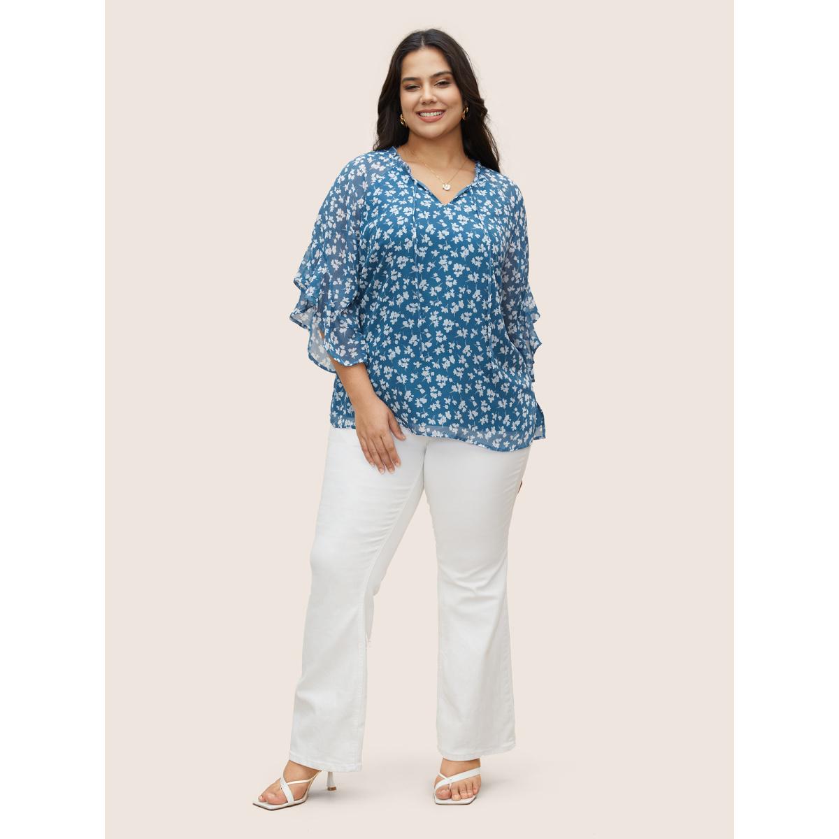 Plus Size Cerulean Floral Tie Knot Flutters Bell Sleeve Blouse Women Elegant Half Sleeve V-neck Everyday Blouses BloomChic 26/4X Product Image