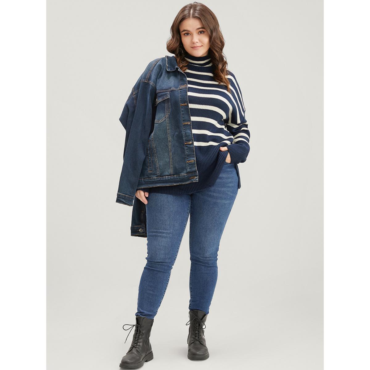 Plus Size Striped Contrast Pointelle Knit Split Hem Mock Neck Knit Top DarkBlue Women Casual Loose Long Sleeve Mock Neck Dailywear Pullovers BloomChic 26/4X Product Image
