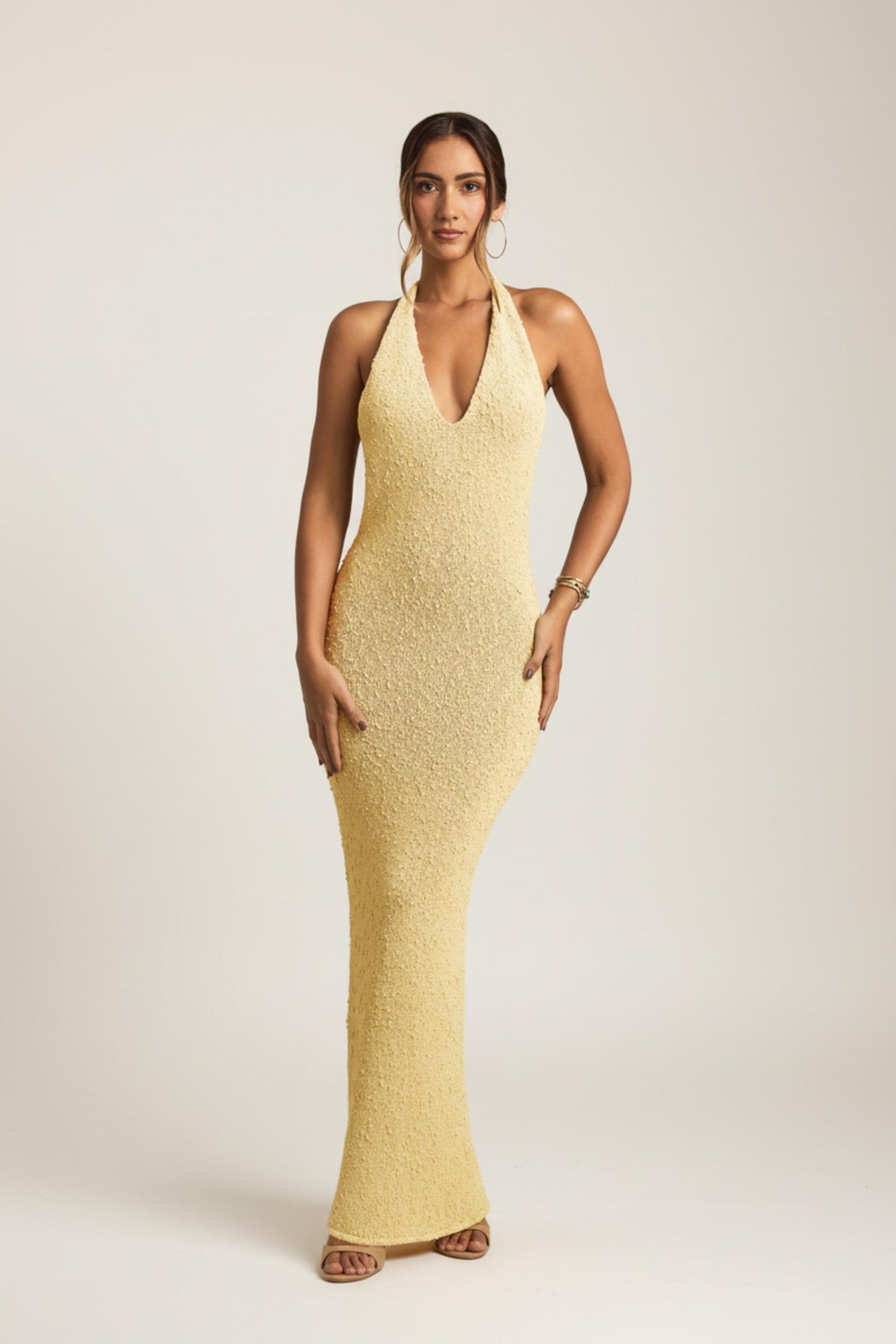 Bouclé Halterneck Maxi Dress in Yellow Girls Product Image