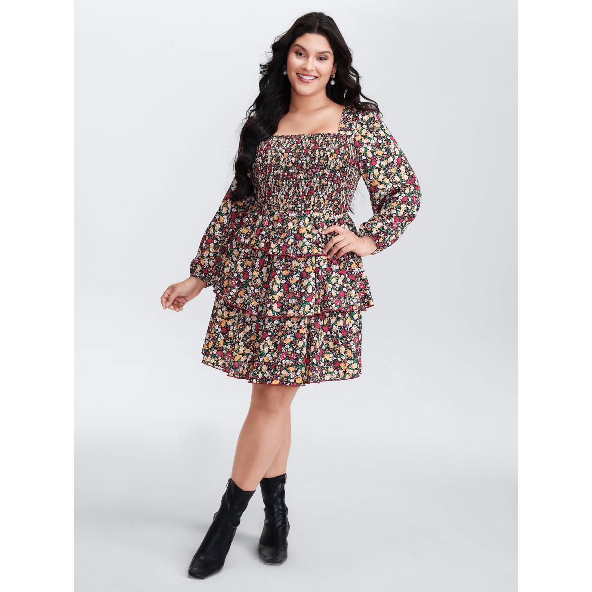 Plus Size Floral Shirred Layered Skirt Mini Dress Black Women Timeless Shirred Square Neck Long Sleeve Curvy BloomChic 22-24/3X Product Image