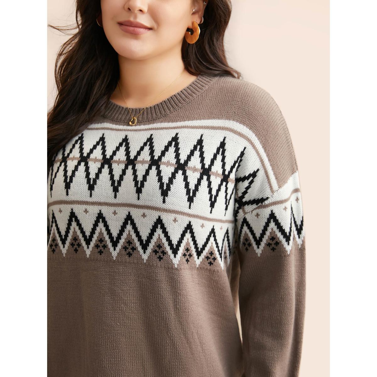 Plus Size Round Neck Geometric Drop Shoulder Cardigan Beige Women Casual Loose Long Sleeve Round Neck Everyday Pullovers BloomChic 10/M Product Image