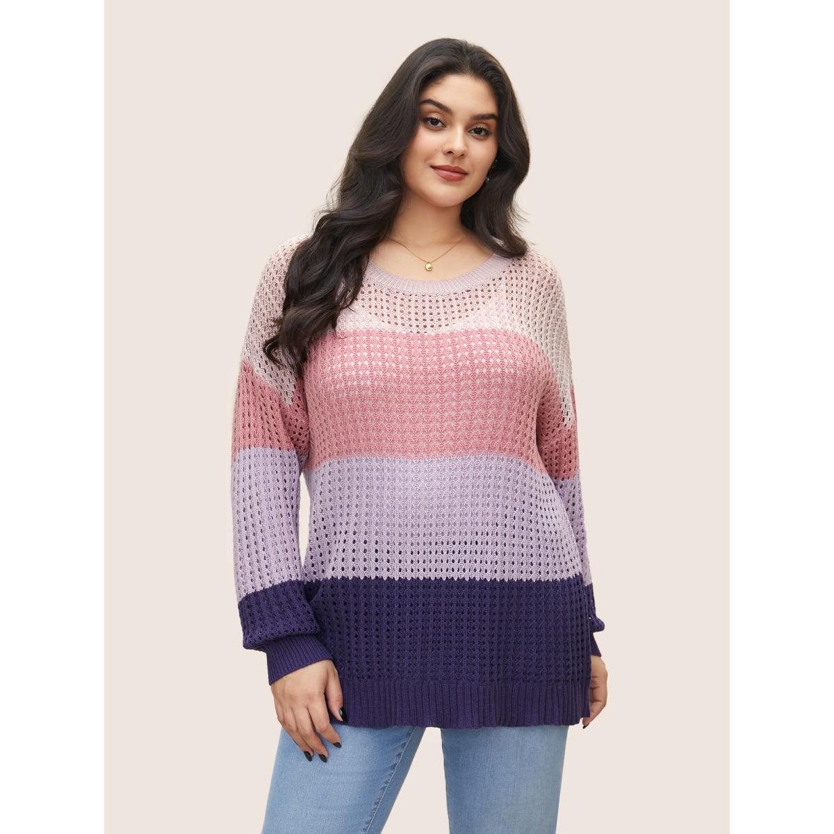Plus Size Colorblock Contrast Pointelle Knit Drop Shoulder Pullover Watermelon Women Casual Long Sleeve Round Neck Everyday Pullovers BloomChic 18-20/2X Product Image