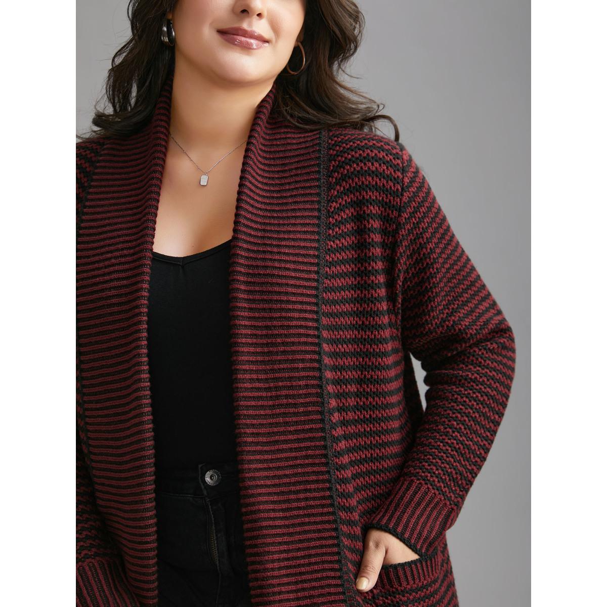 Plus Size Collared Pockets Open-Front Long Cardigan Deepred Women Casual Loose Long Sleeve Everyday Cardigans BloomChic 12/L Product Image