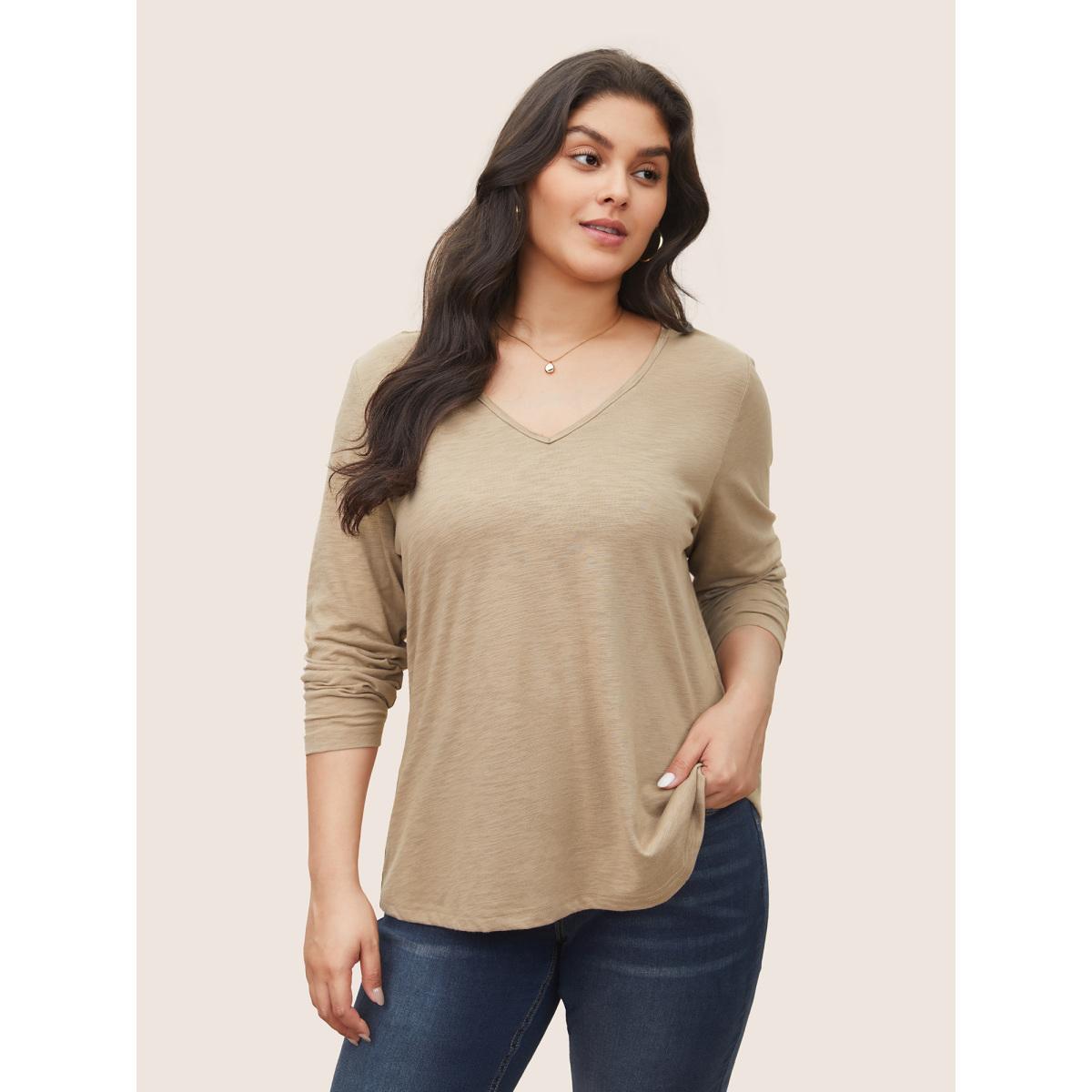 Plus Size Plain Heather Lace Mesh Patchwork T-shirt Tan Women Elegant Non Plain V-neck Everyday T-shirts BloomChic 28/5X Product Image