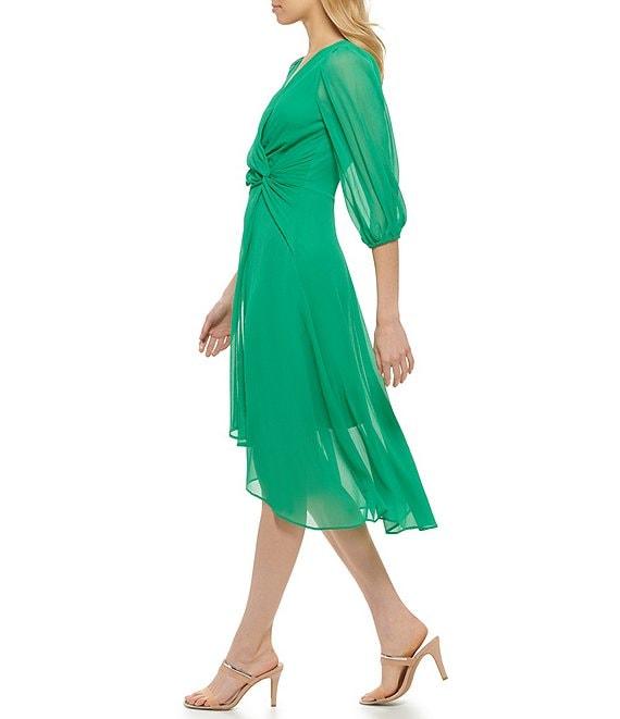 DKNY by Donna Karan Chiffon Surplice V-Neck 3/4 Balloon Sleeve Side Twist High-Low Midi Dress Product Image