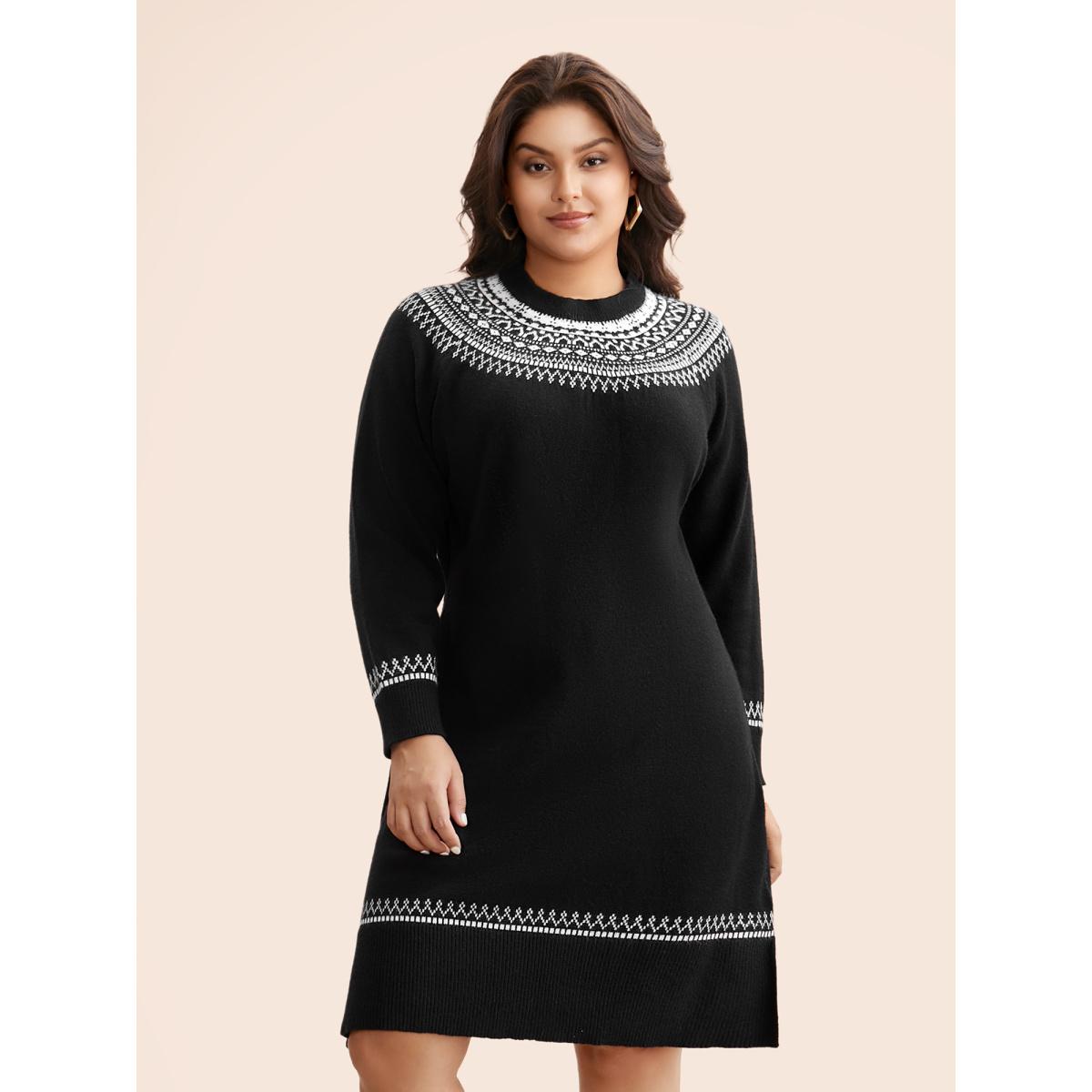 Plus Size Supersoft Essentials Geo-embroidery Fair Isle Fitted Sweater Dress Black Women Casual Loose Long Sleeve Everyday Sweater Dresses BloomChic 12/L Product Image