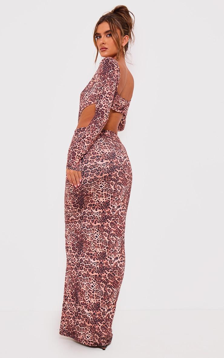 Leopard Printed Double Layer Slinky Long Sleeve Midaxi Dress Product Image