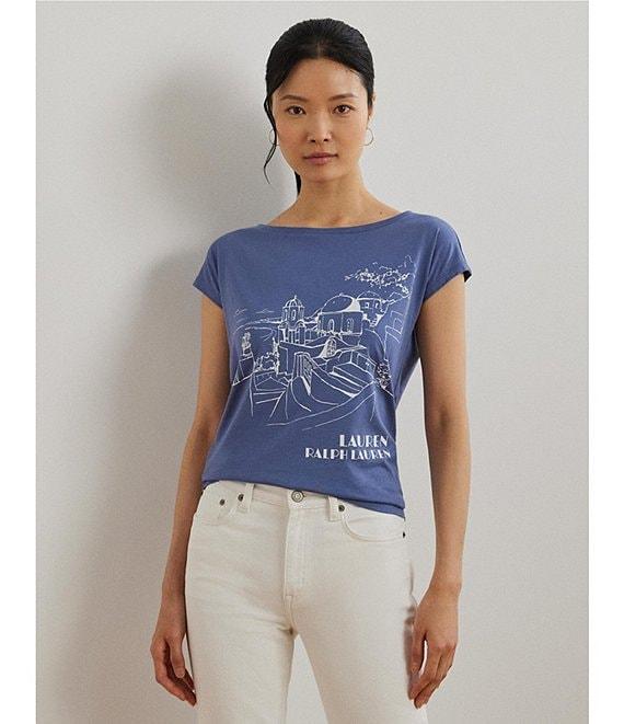 Lauren Ralph Lauren Petite Size Cotton Blend Jersey Boat Neck Short Sleeve Graphic T-Shirt Product Image
