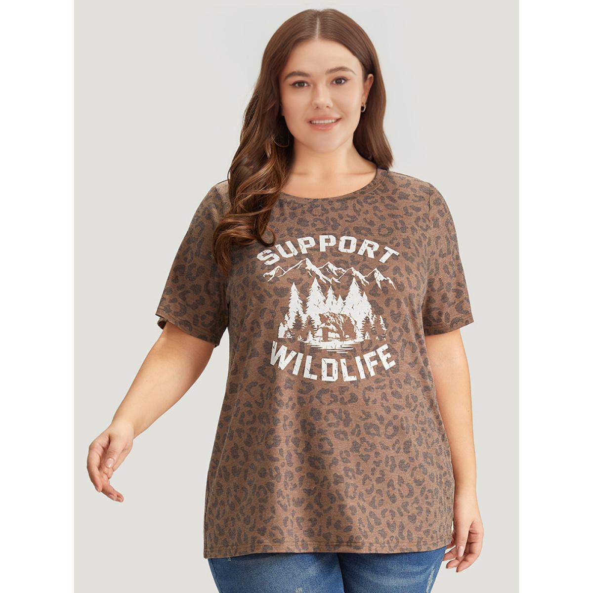 Plus Size Leopard Graphic & Letter Print Crew Neck T-shirt Multicolor Women Casual Landscape Dailywear T-shirts BloomChic 22-24/3X Product Image