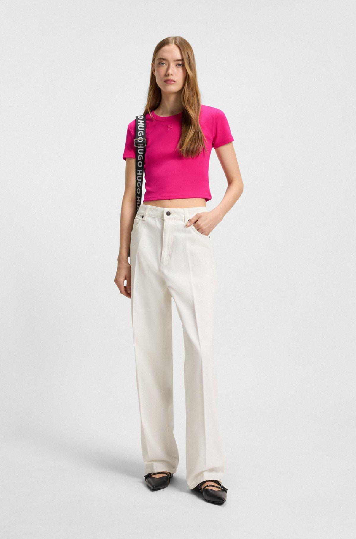 HUGO - Cropped slim-fit T-shirt with stacked logo - Pink Product Image