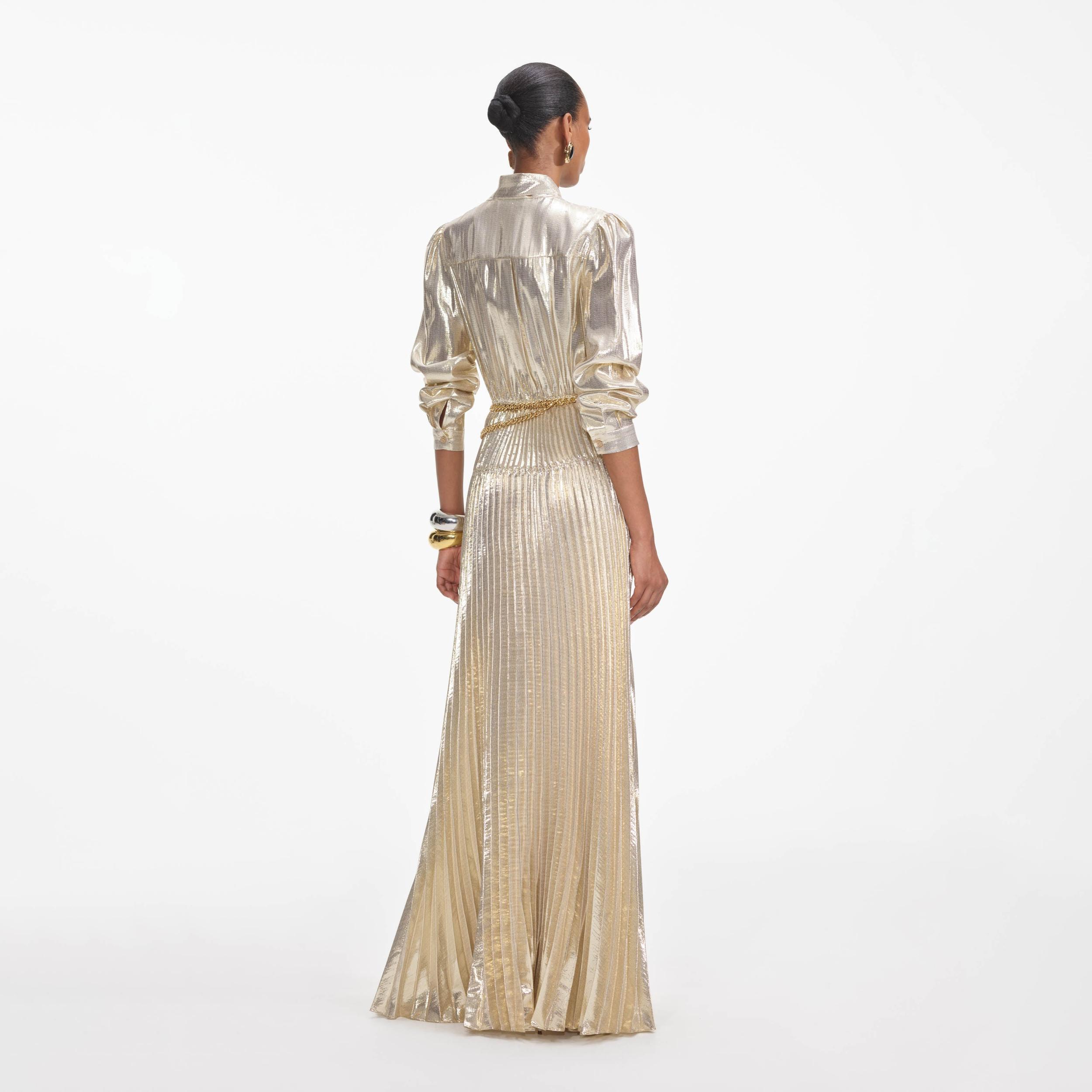 Gold Metallic Pussy Bow Maxi Dress Product Image