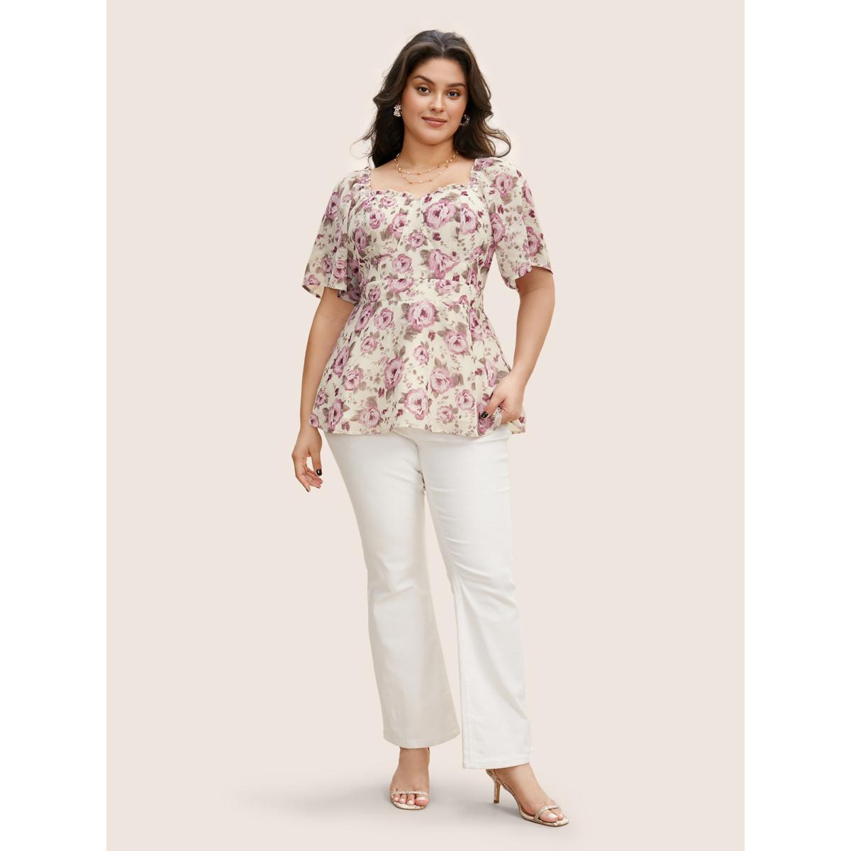 Plus Size Ivory Heart Neckline Floral Shirred Ruffles Blouse Women Elegant Short sleeve Heart neckline Everyday Blouses BloomChic 14-16/1X Product Image