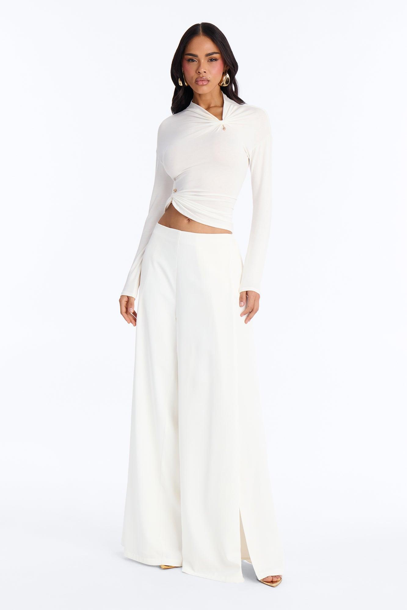Pin Me Asymmetrical Neck Long Sleeve Top - White Female Product Image