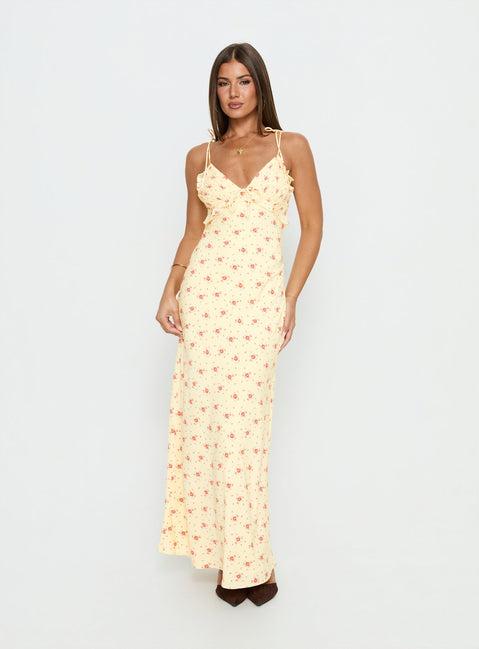 Morcar Frill V Neck Maxi Dress Yellow Floral Product Image