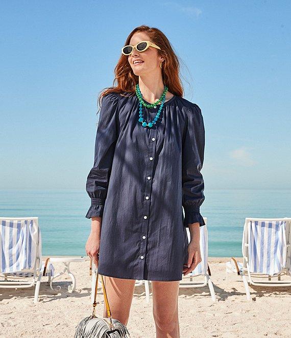 Addison Bay Sailor Solid Woven Long Puff Sleeve Button Front A-Line Dress Product Image