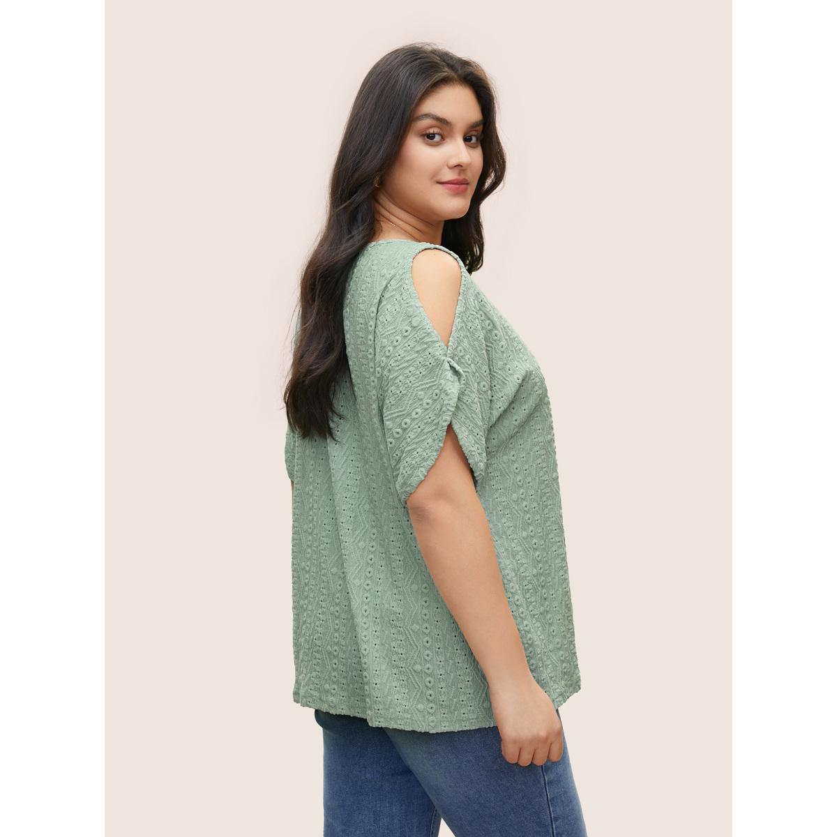 Plus Size Plain Texture Round Neck Cut Out T-shirt Mint Women Elegant Non Plain Round Neck Everyday T-shirts BloomChic 10/M Product Image