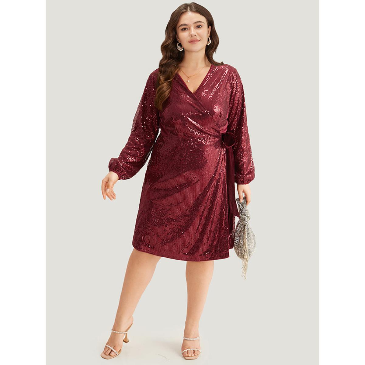 Plus Size Sequin Ties Side Surplice Neck Lantern Sleeve Dress Scarlet Women Cocktail Elastic cuffs V-neck Long Sleeve Curvy Knee Dress BloomChic 10/M Product Image