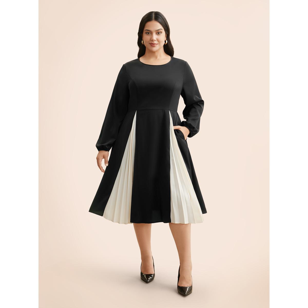 Plus Size Crew Neck Contrast Pleated Dress Black Women At the Office Contrast Round Neck Long Sleeve Curvy BloomChic 28/5X Product Image