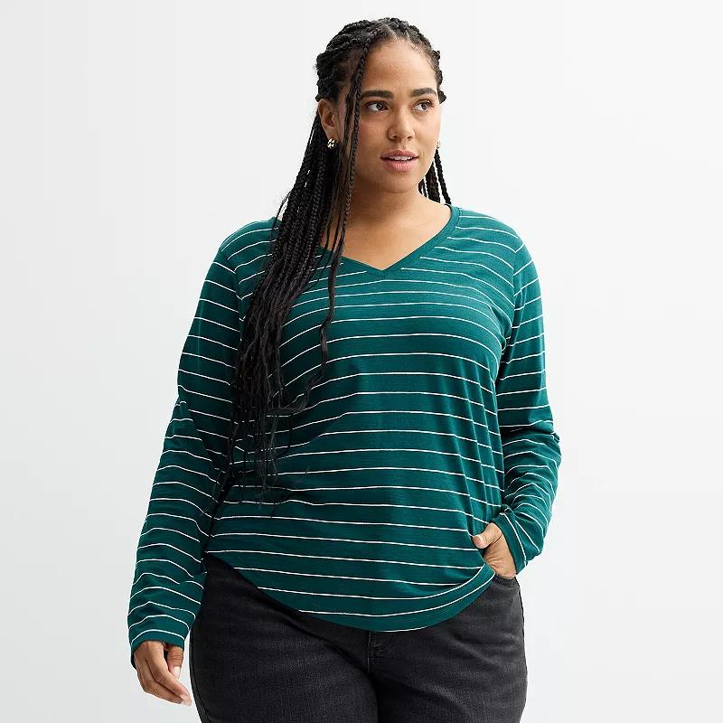 Plus Size Sonoma Goods For Life® Everyday Long Sleeve V-Neck Tee, Women's, Size: 0X, Pine White Stripe Product Image