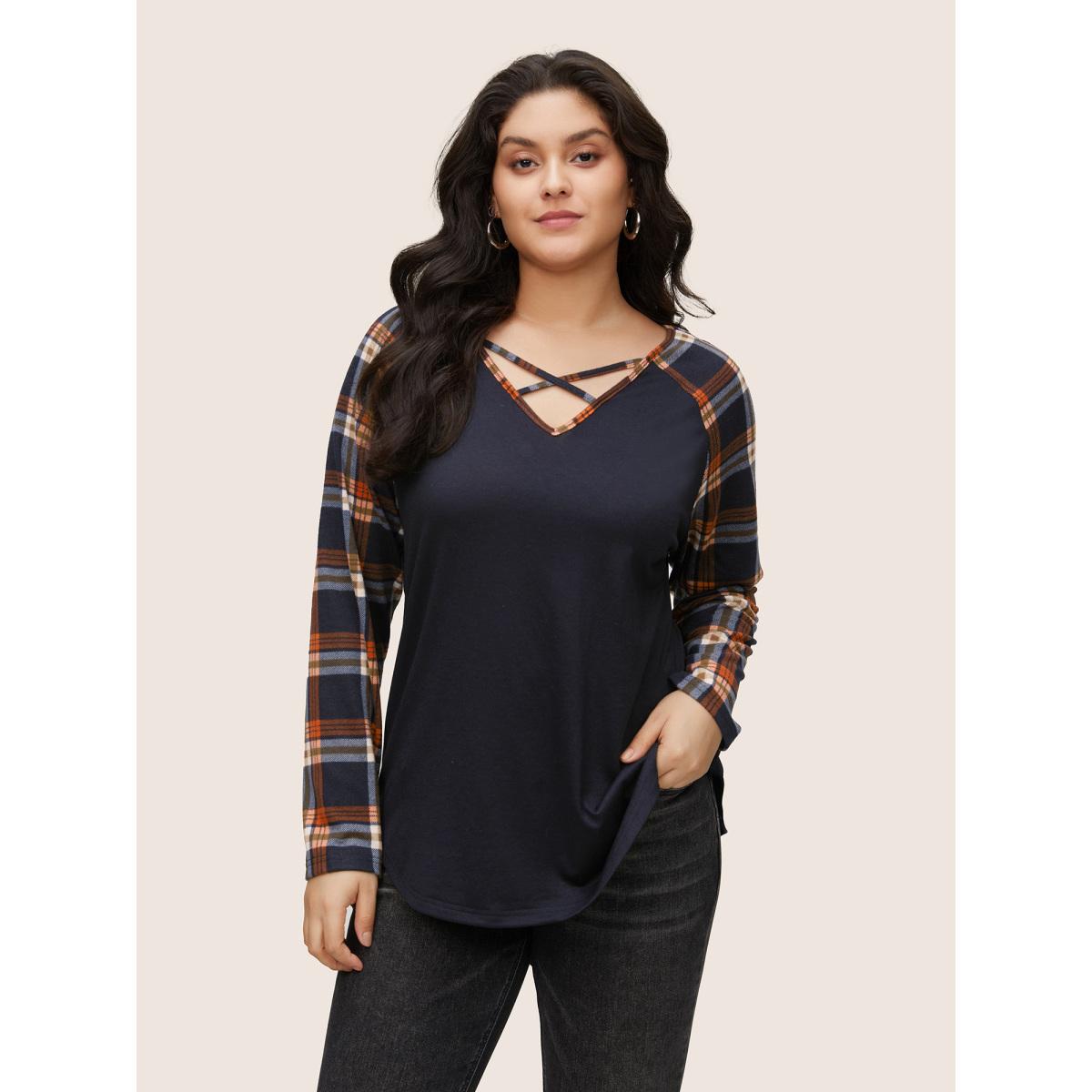 Plus Size Plaid Patchwork Raglan Sleeve Crisscross T-shirt Indigo Women Casual Patchwork Plaid V-neck Dailywear T-shirts BloomChic 12/L Product Image