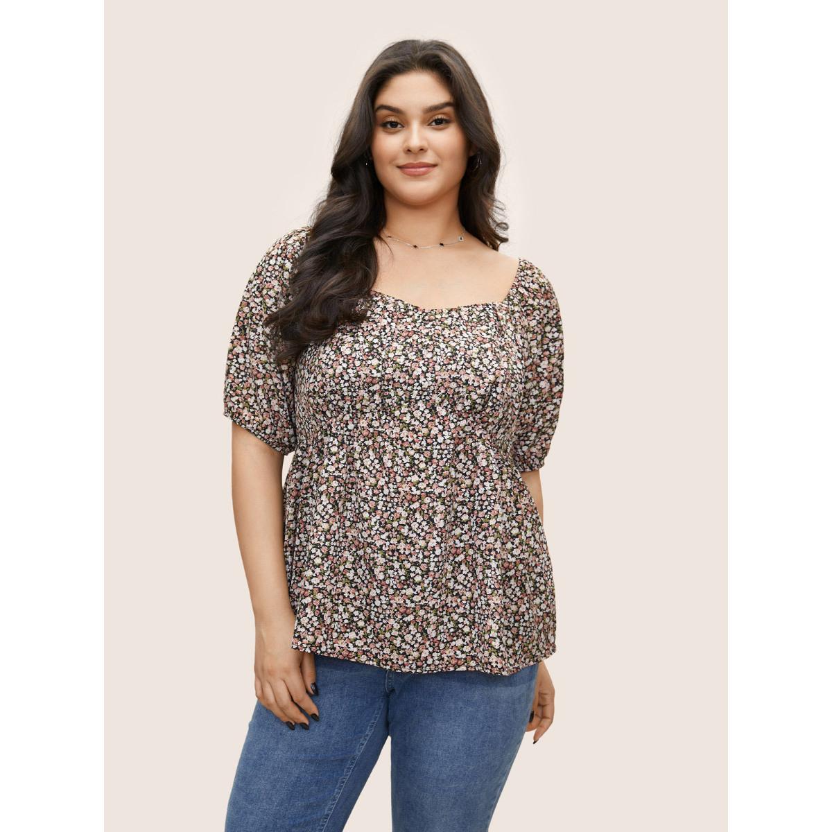 Plus Size BlackFlower Ditsy Floral Square Neck Elastic Waist Blouse Women Elegant Short sleeve Square Neck Everyday Blouses BloomChic 22-24/3X Product Image