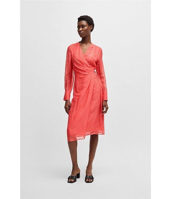 BOSS by Hugo Boss Dosala V-Neck Long Sheer Sleeve Wrap Midi Dress Product Image