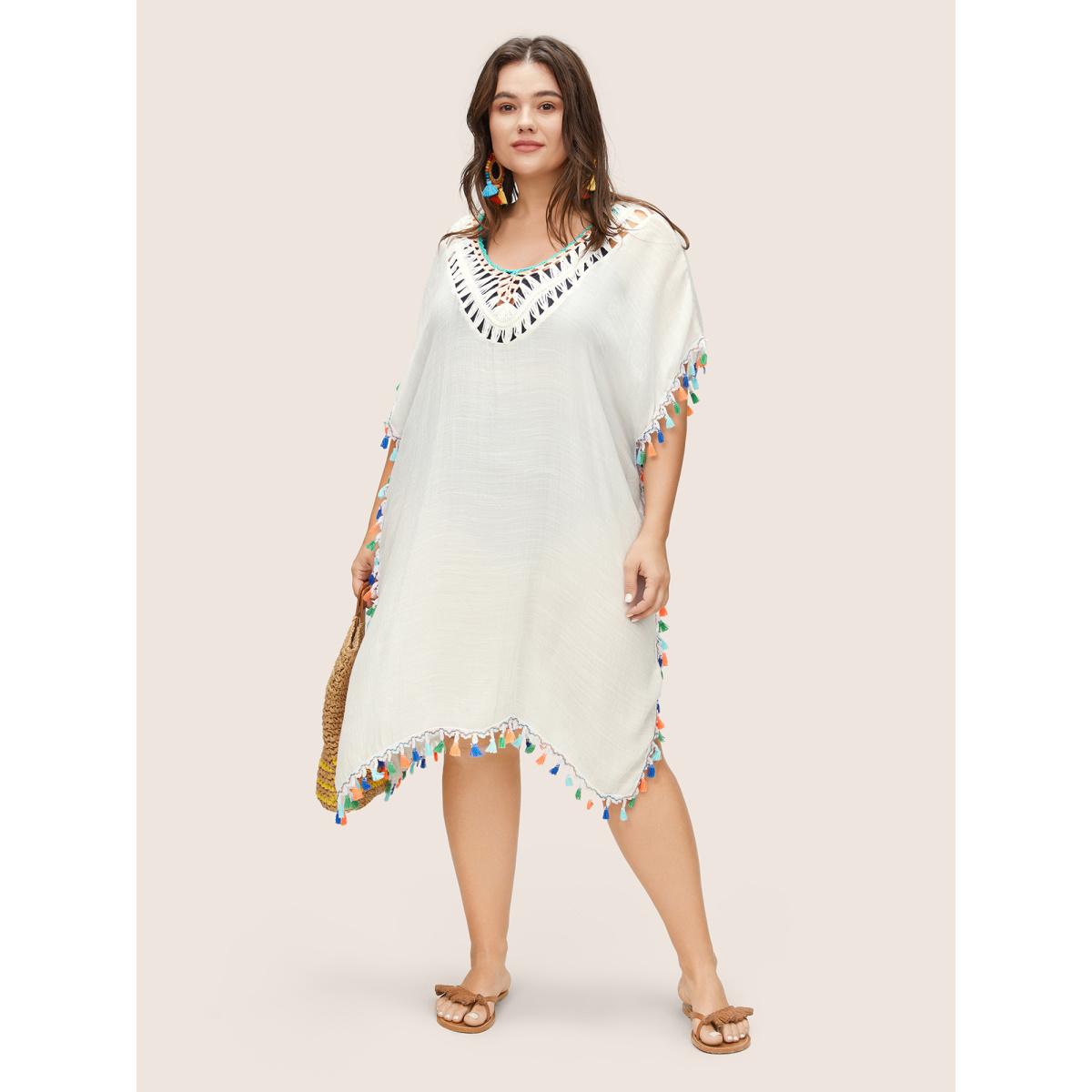 Plus Size Color Tassel Trim Batwing Sleeve Swim Cover Up Women's Swimwear White Beach Crochet Curve Swim Cover Ups BloomChic 12/L Product Image