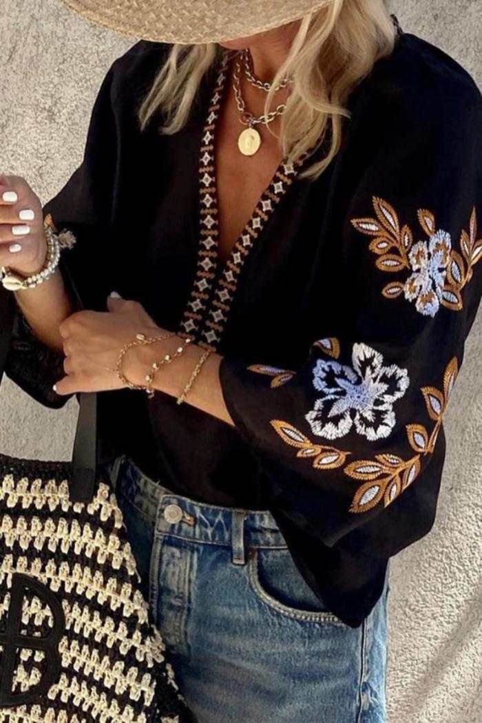 Boho Floral Embroidered V Neck Blouse Product Image