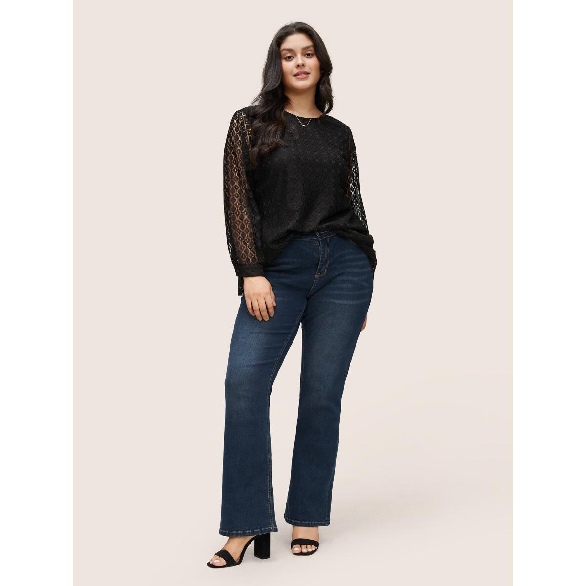 Plus Size Black Geometric Lace Panel Round Neck Blouse Women Elegant Long Sleeve Round Neck Party Blouses BloomChic 22-24/3X Product Image