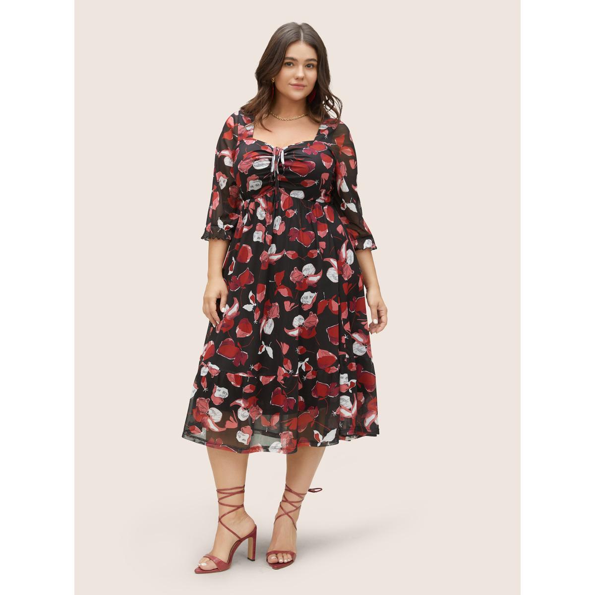 Plus Size Floral Print Drawstring Mesh Ruched Dress Black Women Elegant Lined Square Neck Half Sleeve Curvy Midi Dress BloomChic 22-24/3X Product Image