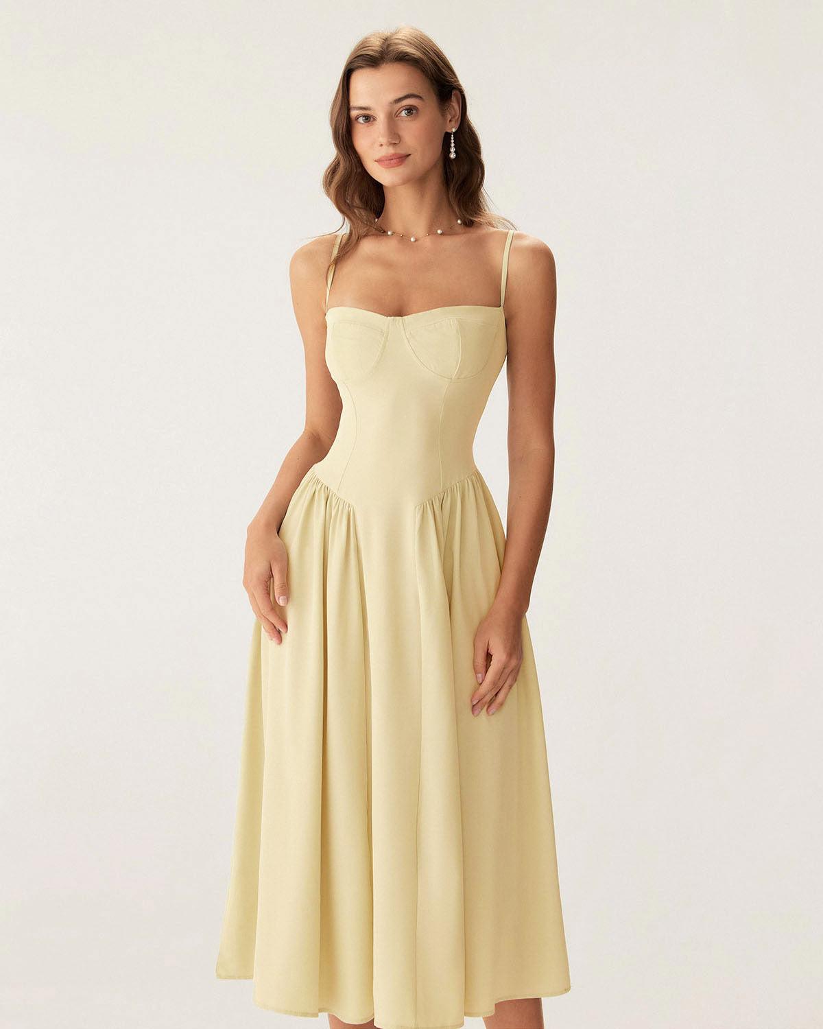 Yellow Square Neck Pocket Slip Midi Dress Product Image