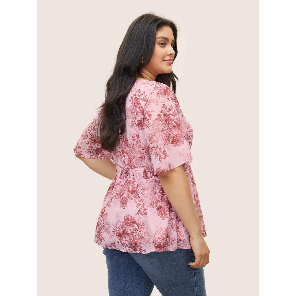 Plus Size DustyPink Chiffon Floral Shirred Elastic Waist Blouse Women Elegant Half Sleeve V-neck Everyday Blouses BloomChic 18-20/2X Product Image