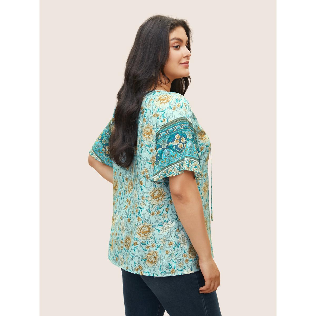 Plus Size Cerulean Boho Print Tie Neck Gathered Blouse Women Resort Half Sleeve Notched collar Vacation Blouses BloomChic 14-16/1X Product Image