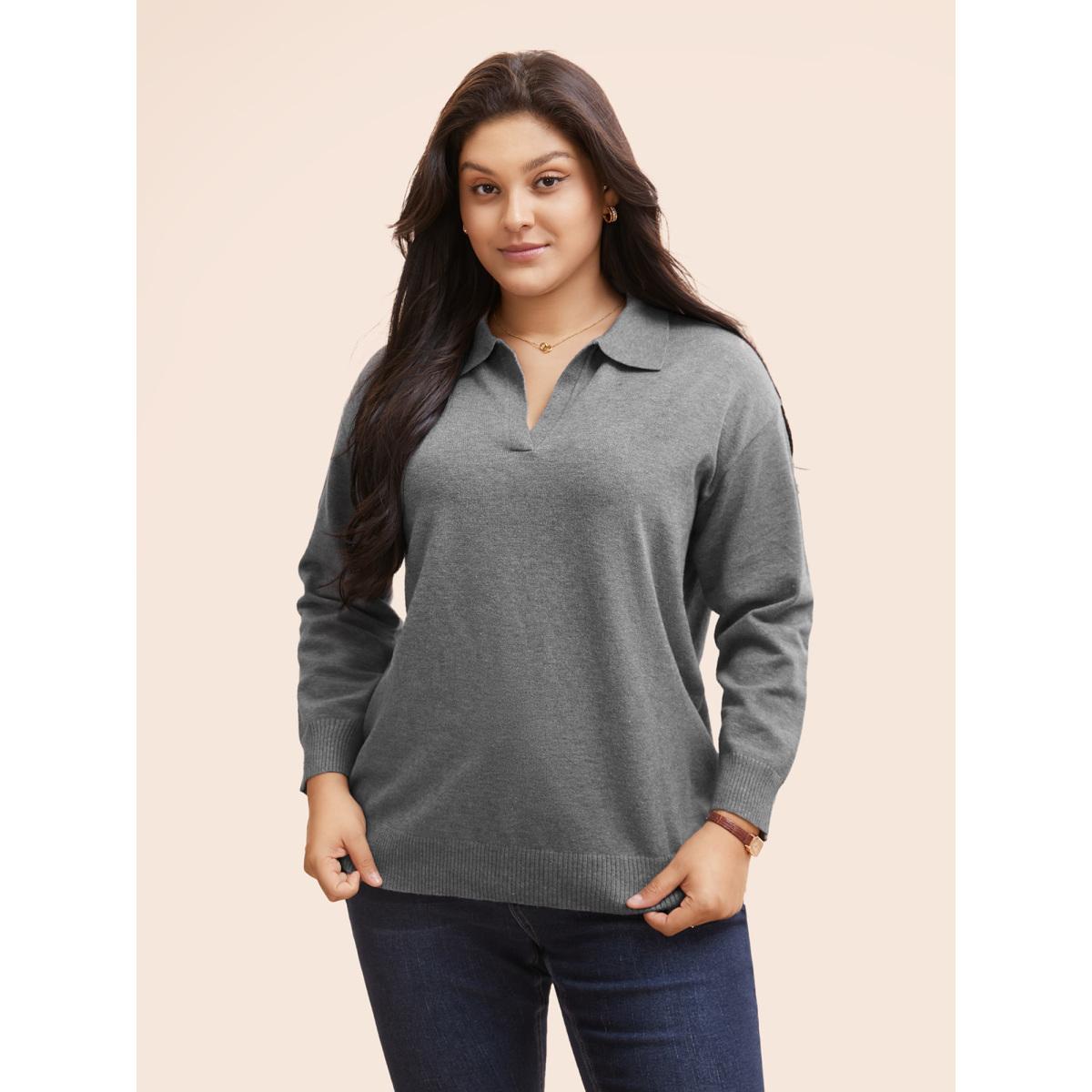 Plus Size Polo Neck Drop Shoulder Sleeve Soft Pullover DarkGray Women Casual Long Sleeve Polo Everyday Pullovers BloomChic 18-20/2X Product Image