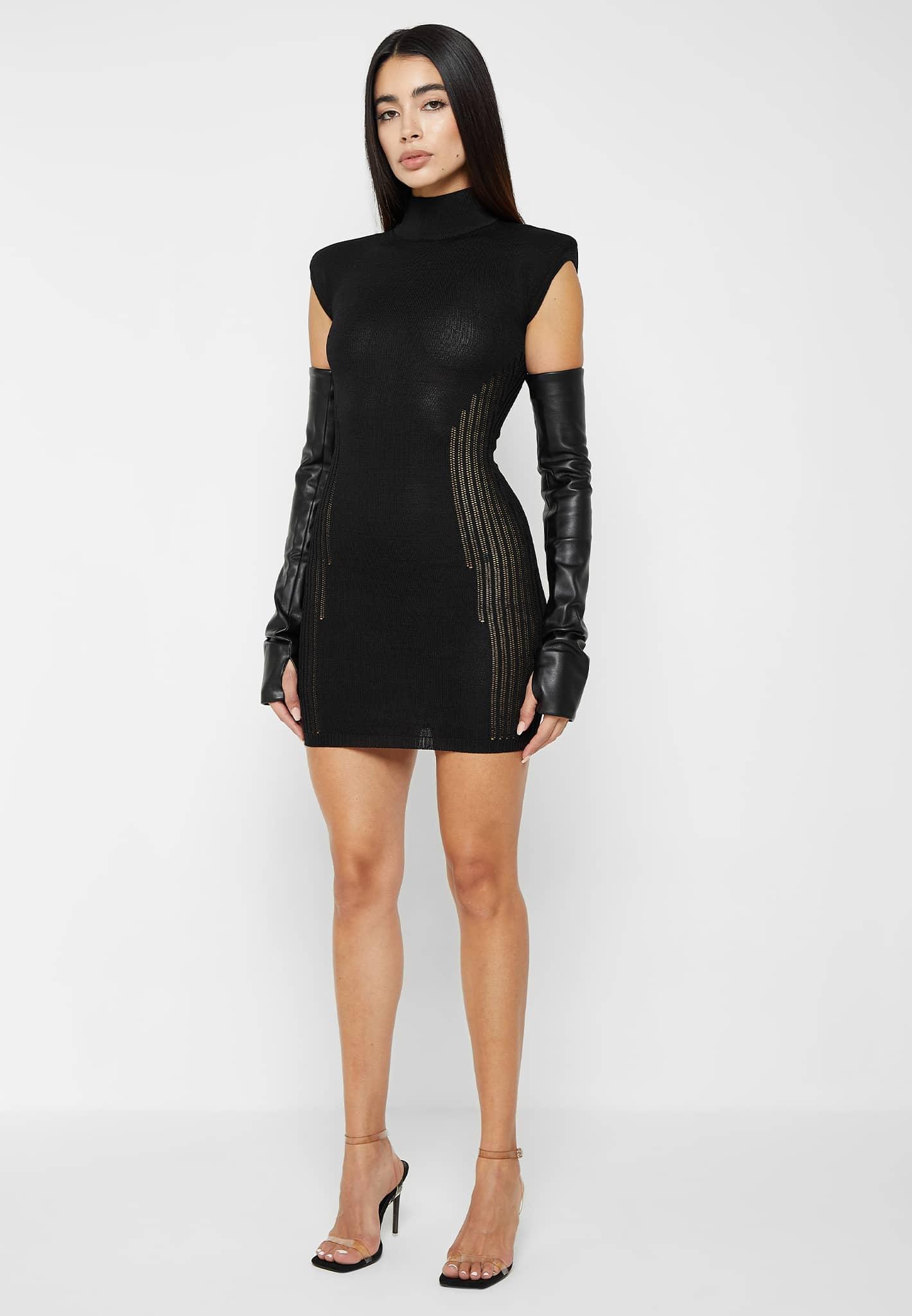 Knitted Contour Dress with Leather Sleeves - Black Female Product Image
