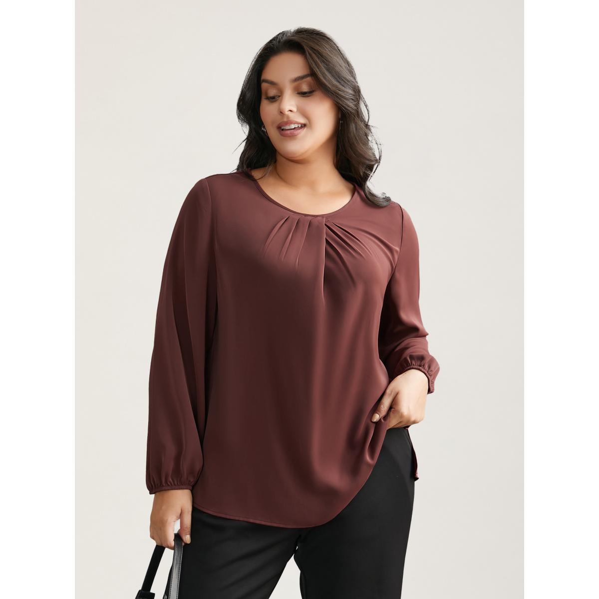 Plus Size Browncoffeecolor Solid Crew Neck Lantern Sleeve Blouse Women At the Office Long Sleeve Round Neck Office Blouses BloomChic 26/4X Product Image