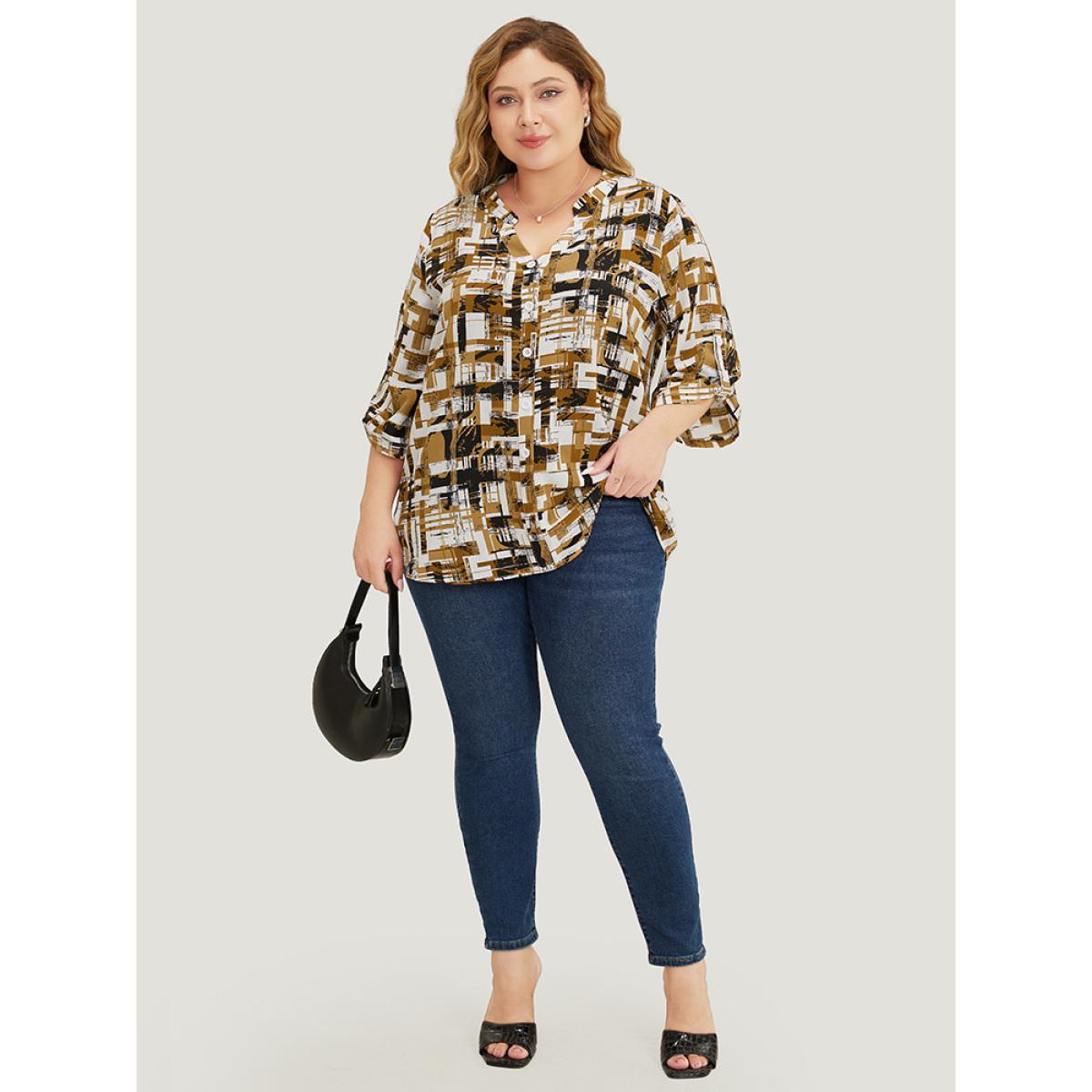 Plus Size Bronze Graphic Print Notched Button Detail Cuffed Sleeve Blouse Women Office Elbow-length sleeve Notched collar Office Blouses BloomChic 28/5X Product Image