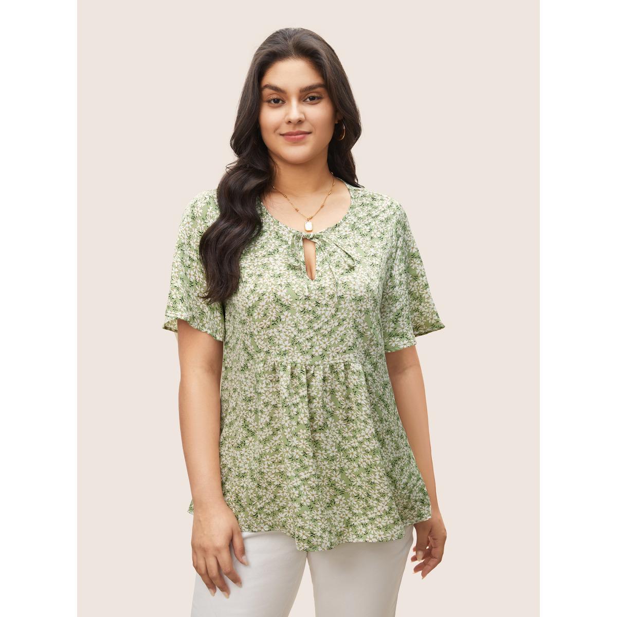 Plus Size Sage Ditsy Floral Ruffle Sleeve Gathered Ties Blouse Women Elegant Short sleeve Ribbon-tied collar Everyday Blouses BloomChic 28/5X Product Image