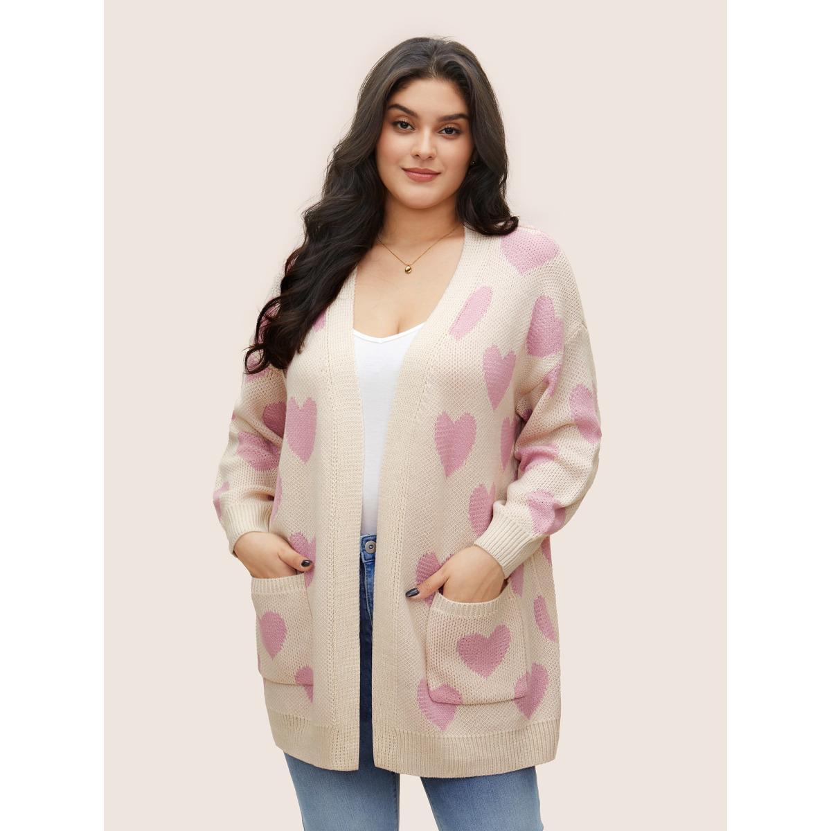 Plus Size Heart Geometric Contrast Pocket Cardigan Ivory Women Casual Long Sleeve Everyday Cardigans BloomChic 30/6X Product Image
