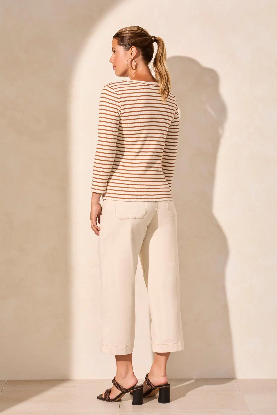3/4 Sleeve Wide Crew Neck Top- Desert Sand Stripe Product Image