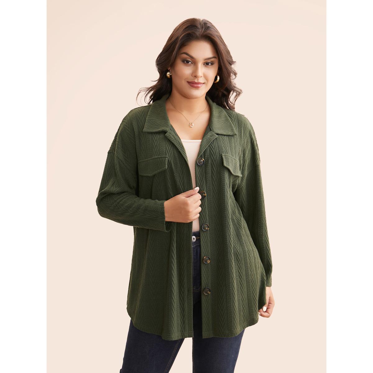 Plus Size Textured Flap Detail Arc Hem Jacket Women ArmyGreen Texture Everyday Jackets BloomChic 26/4X Product Image