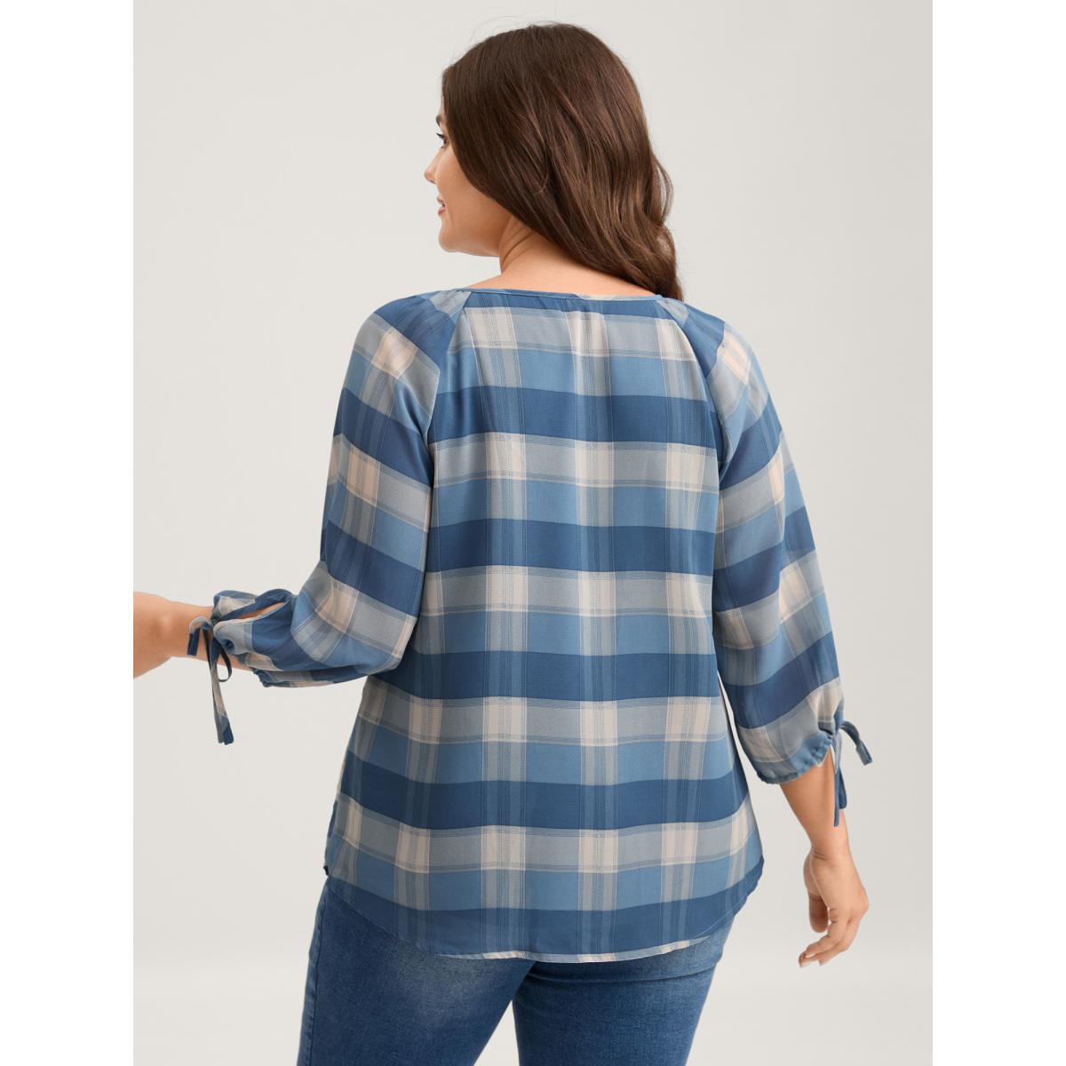 Plus Size Mediumblue Plaid Print Notched Collar Blouse Women Leisure Elbow-length sleeve Flat collar with V-notch Casual Blouses BloomChic 12/L Product Image