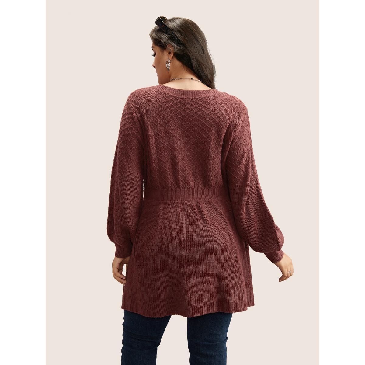 Plus Size Plain Plisse Lantern Sleeve A Line Pullover Rust Women Elegant Long Sleeve V-neck Everyday Pullovers BloomChic 18-20/2X Product Image